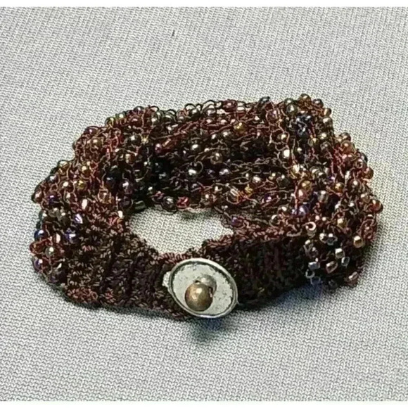Unbranded Jewelry - Bohemian Multi-strand Brown Knit Cuff Beaded Bracelet Iridescent Seed Beads Boho